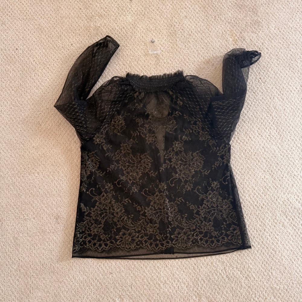 NWT White House Black Market Black Gold Metallic Lace Smocked Neck Blouse 12 Y2K - Picture 8 of 14